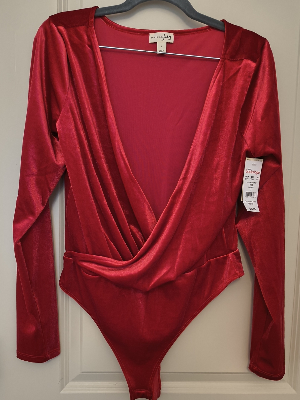 Maison Jules Red Velvet Surplice Long-Sleeve Bodysuit
